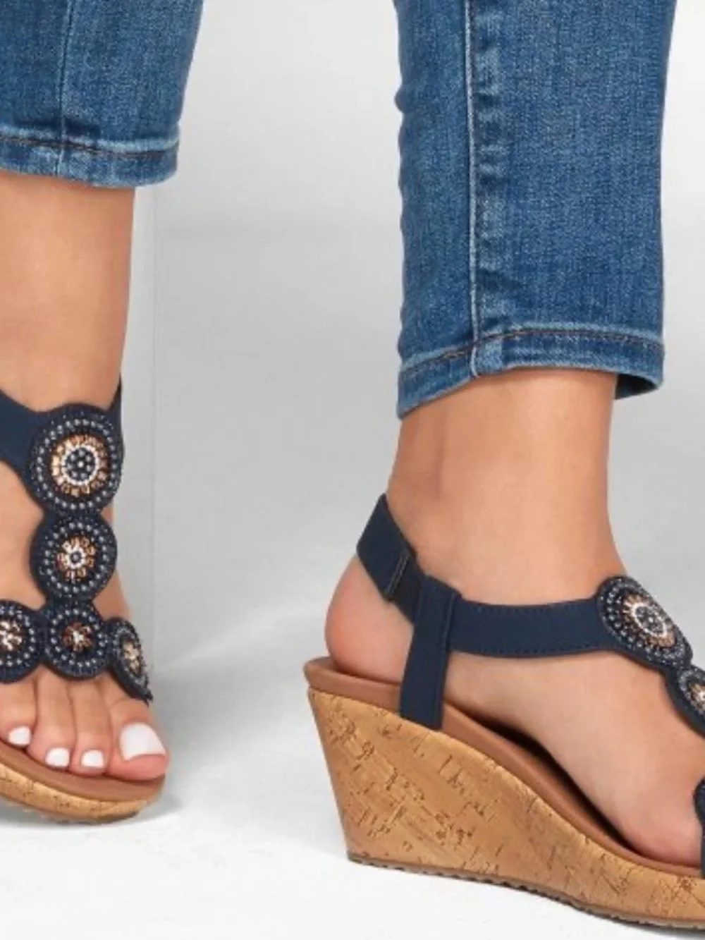 Skechers Navy Beaded Wedge Sandals 7